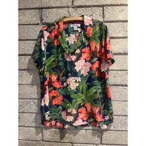 Tommy Bahama Womans Large Navy Floral Silk Button-Up Shirt Hawaiian Style